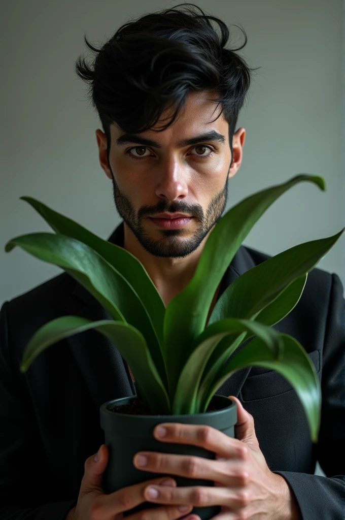 Man with black hair and brown eyes, holding the snake plant
