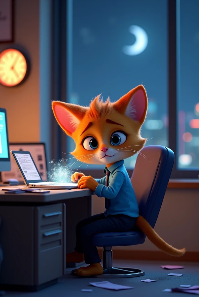 「Pixar-style 3DCG。Anthropomorphic kitten character。Young employees working in a colorful office late at night。A face that retains cat features(Small Nose、Mustache、Pointed Ears)and the human body。In his big eyes there is fatigue and resignation。The height is short、Slim body shape。Blue shirt and tie、Black slacks。The tail sticks out from the back。He was so exhausted that he looked like he was about to collapse onto the desk.。A messy desk with glowing holographic documents and a futuristic computer。In the background is the night view of a futuristic city seen through a dark window。soft and warm lighting。The wall clock strikes 2 a.m.。Expressive, emotional face。The coat is short、The color is light orange。Detailed textures and textures。」