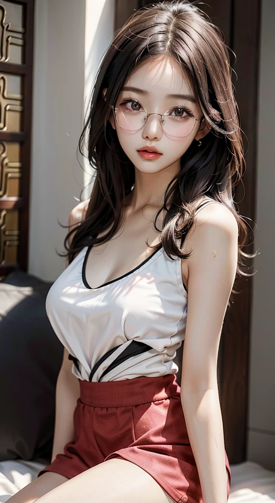 ８ｋ、High resolution、Beautiful woman of primitive times、young、white skin,、narrow eyes,high nose,lighting that illuminates the face、clear image、intellectual beauty、skinny、no makeup、The expression you show to your lover,shining hair、single eyelid,、vivid pose、looking at camera、relax on vacation、wearing a glasses, full body ,Thigh ,a close up of a woman in a black top and pink skirt, gorgeous young korean woman, gorgeous chinese model, open v chest clothes, beautiful south korean woman, korean girl, beautiful asian girl, she is wearing a black tank top, black top, beautiful young korean woman, japanese model, chinese girl, asian girl, an asian woman, wearing a cute top, wearing a glasses, wearing shorts