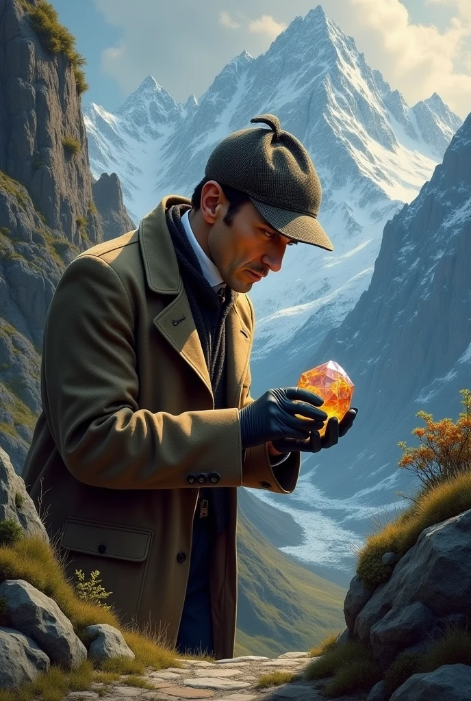 Sherlock Holmes with features of a geologist analyzing a precious stone in a mountainous landscape
