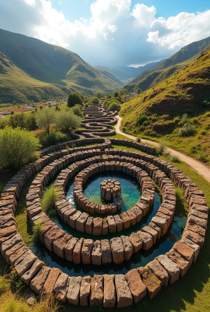 Generates a work of Land art located in El Puerto de Taquile in Puno, Peru with local materials, that it is attractive and with vegetation, that are not clumsy, staggered and spiral, with a lot of design, beautiful and majestic, that it is touristy


