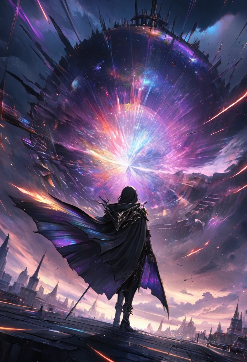 a character from the anime I Want to Become a Shadow Powerful, Shido Kageno, wearing a black hooded cape with gold trim, all-black outfit, dark expressionless, holding a dull shining rapier up to the sky, floating in the sky above a European-style city, background, ominous swirling white and purple clouds, night sky, iridescent cosmic rays bursting, conceptual installation art, (ultra detailed, absolutely resolution, best quality:1.3), 2.5D, delicate and dynamic effects, artistic, hyper, graphic CG digital fantasy art, 8k