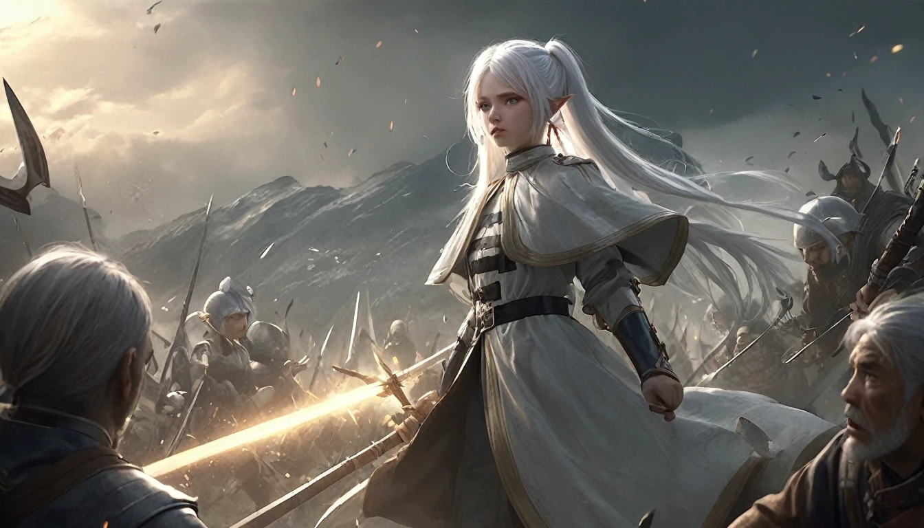 Epic battle scene, photoreal, fantasy, 4 characters, 1 girl with white hair, long hair, twintails, pointy eyes, green eyes, white caplet, jewelry, earrings; 1 tall man with sword, 1 old man with staff, 1 dwarf with axe; bright flash of light in the background; silhouettes disappearing into light, Frieren watching in sadness, ruins of battlefield, dark skies clearing, emotional and dramatic lighting, realistic skin and textures, ultra-detail.