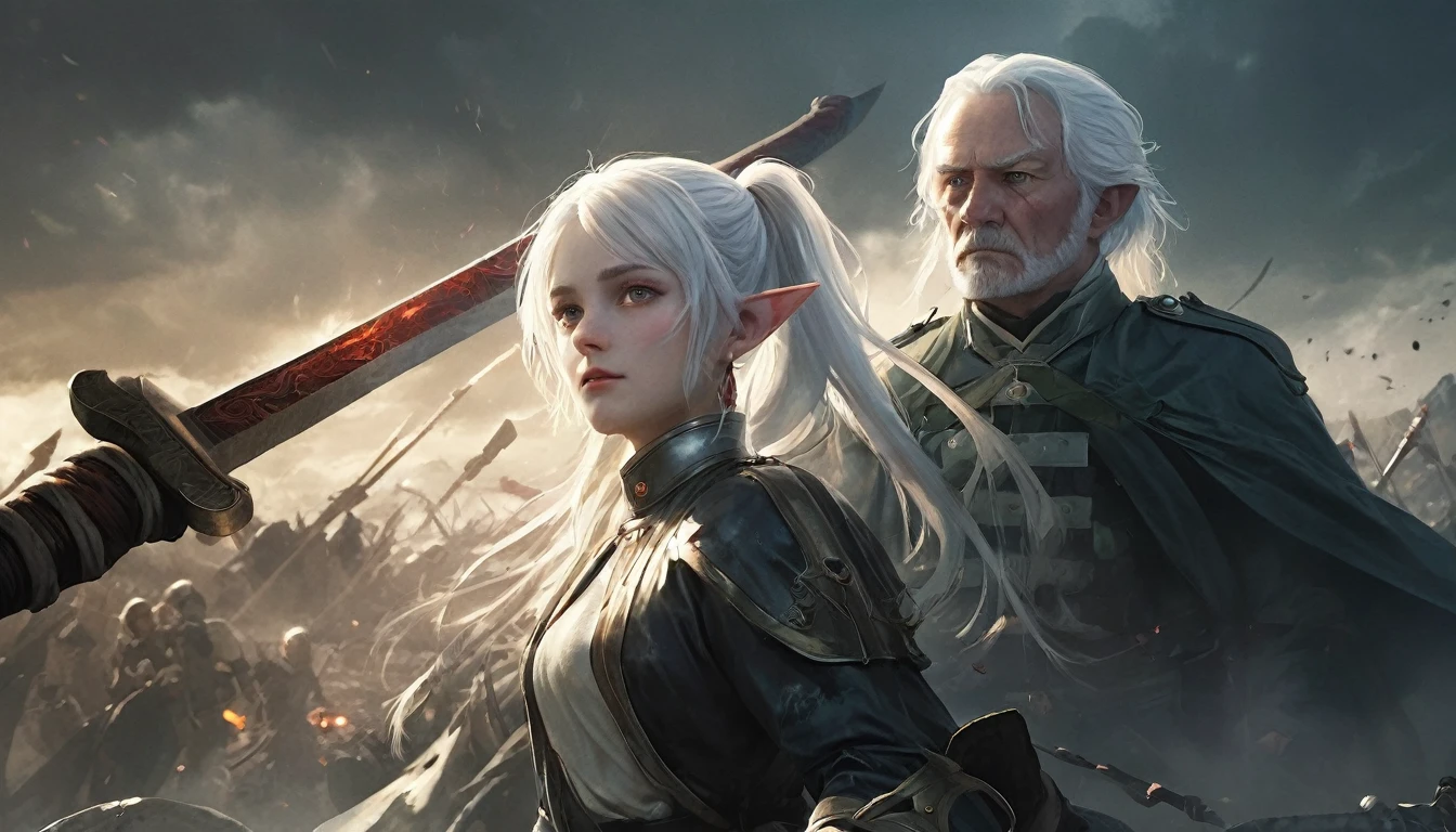 Epic battle scene, photoreal, fantasy, 4 characters, 1 girl with white hair, long hair, twintails, pointy eyes, green eyes, white caplet, jewelry, earrings; 1 tall man with sword, 1 old man with staff, 1 dwarf with axe; bright flash of light in the background; silhouettes disappearing into light, Frieren watching in sadness, ruins of battlefield, dark skies clearing, emotional and dramatic lighting, realistic skin and textures, ultra-detail.