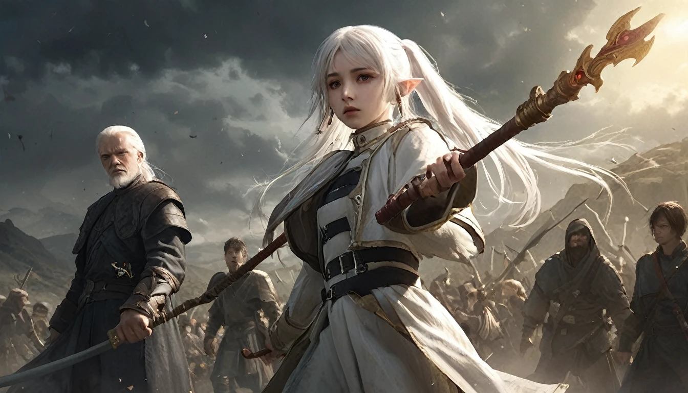 Epic battle scene, photoreal, fantasy, 4 characters, 1 girl with white hair, long hair, twintails, pointy eyes, green eyes, white caplet, jewelry, earrings; 1 tall man with sword, 1 old man with staff, 1 dwarf with axe; bright flash of light in the background; silhouettes disappearing into light, Frieren watching in sadness, ruins of battlefield, dark skies clearing, emotional and dramatic lighting, realistic skin and textures, ultra-detail.
