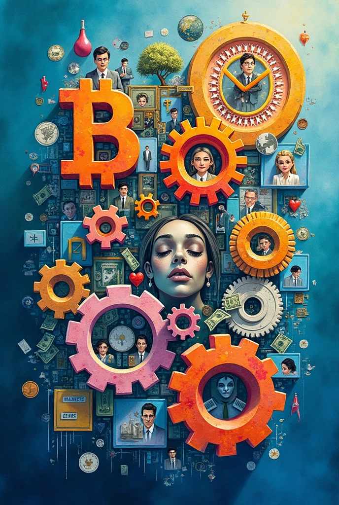 Create three-dimensional gears, circles, and squares, currency, graph lines, and many businessman and businesswoman images. Using watercolor and mixed media Use bright colors The light source is in the upper right corner,background blue. --ar 2:3