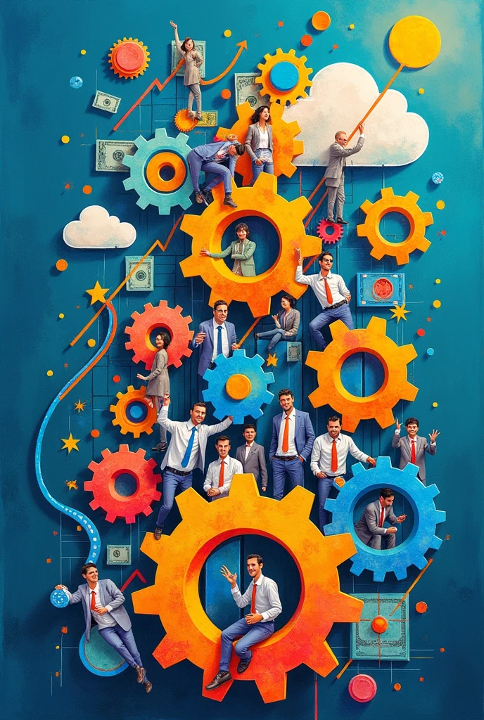Create three-dimensional gears, circles, and squares, currency, graph lines, and many businessman and businesswoman images. Using watercolor and mixed media Use bright colors The light source is in the upper right corner,background blue. --ar 2:3