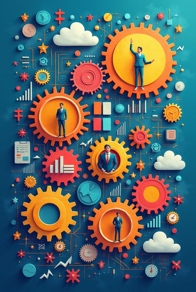 Create three-dimensional gears, circles, and squares, currency, graph lines, and many businessman and businesswoman images. Using watercolor and mixed media Use bright colors The light source is in the upper right corner,background blue. --ar 2:3