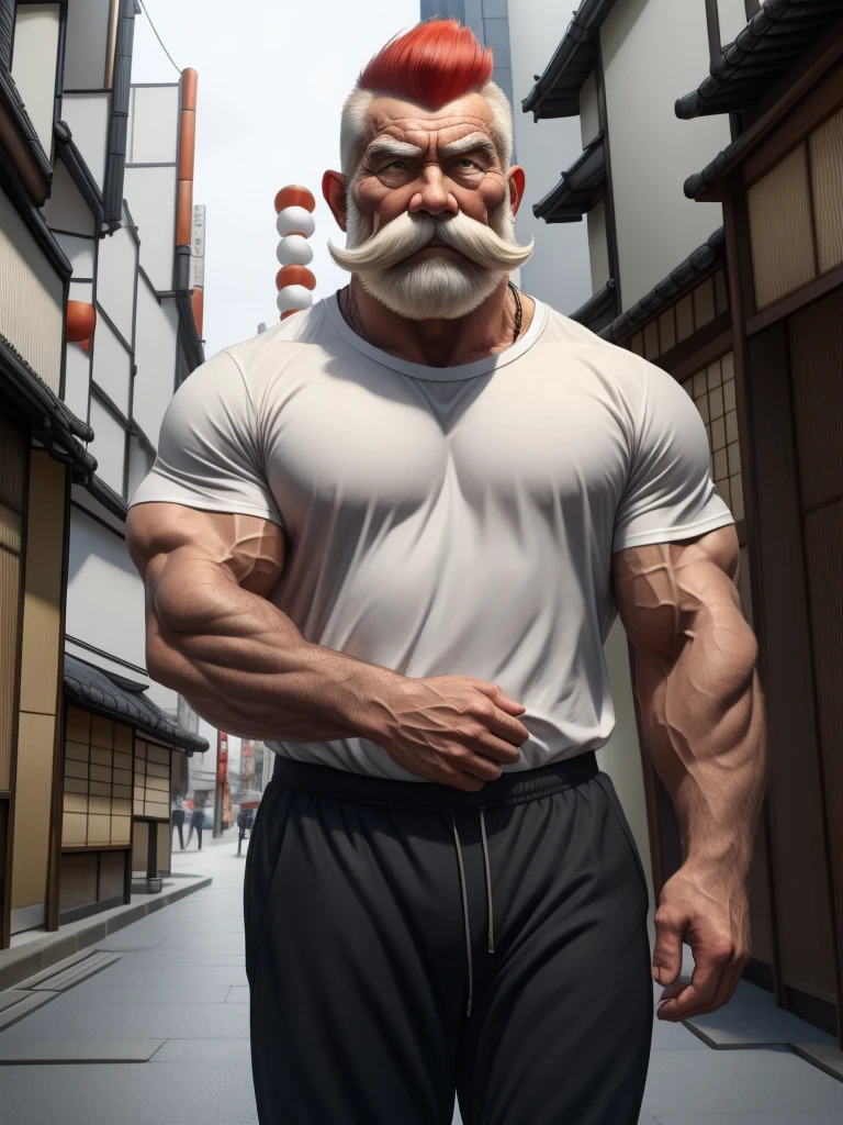 a muscular old man with a thick mustache and long beard, (Japanese man:1.3), mohawk haircut, wearing a white t-shirts, black pants, standing in a city background, (best quality,4k,8k,highres,masterpiece:1.2),ultra-detailed, realistic, photorealistic, semirealistic,detailed wrinkles,detailed facial features,detailed texture, half body, halfbody