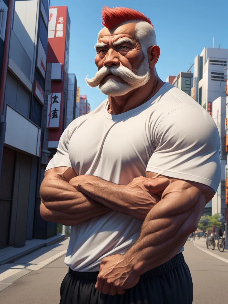 a muscular old man with a thick mustache and long beard, (Japanese man:1.3), mohawk haircut, wearing a white t-shirts, black pants, standing in a city background, (best quality,4k,8k,highres,masterpiece:1.2),ultra-detailed, realistic, photorealistic, semirealistic,detailed wrinkles,detailed facial features,detailed texture, half body, halfbody