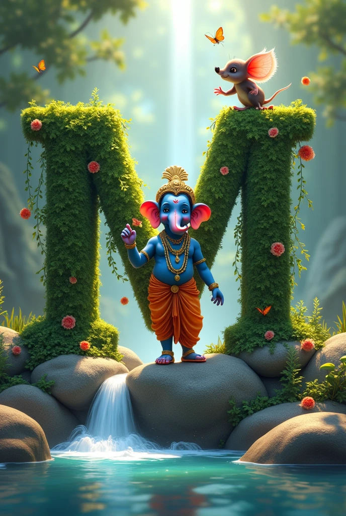 Create a serene, ethereal scene featuring a young Lord Ganesha standing on Alfabet. He is depicted as a child with dark blue skin, wearing traditional attire in shades of blue and orange, adorned with a peacock feather on his head. He stands on a rock, surrounded by flowing water and lush greenery, with vines and flowers cascading from a large, moss-covered letter 'M' in the background not bulerd. A vibrant Mice with its feathers spread out gracefully complements the scene. The environment is peaceful, with soft light, fluttering butterflies, and an overall divine ambiance