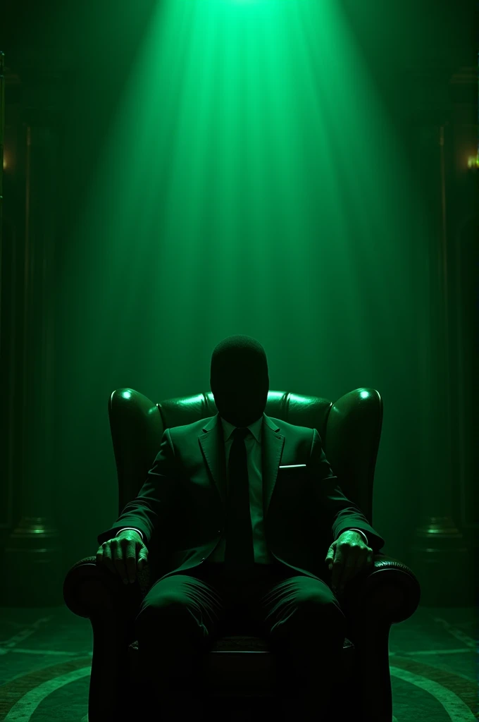 In a large dimly lit room, A faceless figure sits in a high-backed leather chair, dressed in an immaculate suit and tie. The room is spacious and opulent, But the only light comes from the intense emerald green neon that bathes the entire scene in an otherworldly glow.. The figure&#39;s face is completely obscured, as deleted, hidden under a hood or balaclava, reflecting the deep blackness of the shadows that fill the room. The figure is sitting thoughtfully, exuding the calm authority of a mob boss from a bygone era, Contemplating his vast empire. Every inch of the scene is dominated by the contrast between the intense emerald green light and the deep, impenetrable black of the shadows.. There are no other colors in this world, only emerald green and absolute black. The shadows are thick and enveloping, creating a sense of depth and mystery, while the green light highlights the controlled and serene power of the figure. This is a world defined only by these two colors, with the emerald green and black shadows creating a cinematic and ultra-realistic environment that tells a story of wealth, untouchable power and authority.