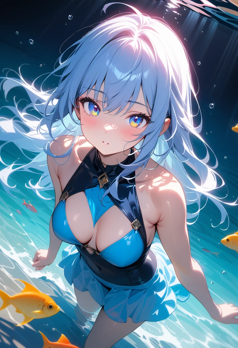 1 girl, (girl in the sea:1.4), (beautiful girl, detailed beautiful face, beautiful shining eyes, messy hair), 
deep sea, plenty of colorful fishes, view in the sea, dynamic angle, 
((very detailed, ultra-high resolution, absurdres, highres, masterpiece, best quality, very aesthetic, fine texture, newest, perfect lighting, best shadow, sharp focus, high color saturation)), (anatomically correct, perfect hands), (professional photography), great lighting, ray tracing, 