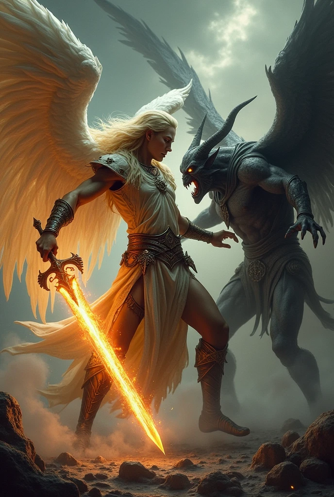 Elfo,  long  hair ,blond, blue garlic,6 angelic wings,burning sword, male fighting a demon