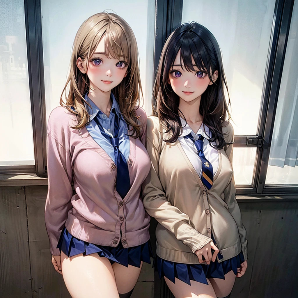 (masterpiece:1.2, Highest quality), (Realistic, photoRealistic:1.4), Beautiful illustrations, (Natural Side Lighting, Cinema Lighting), Browsing Caution,
View your viewers, Cowboy Shot, Front view:0.6, 1 person, Japanese, high School girl, Perfect Face, Cute and symmetrical face, Glowing Skin,
(Long Hair:1.8, Straight hair:1.7, Blonde), Asymmetrical bangs, Purple eyes, (Large Breasts:1.1, Thick thighs),
Beautiful Hair, Beautiful Face, Beautiful attention to detail, Beautiful clavicle, Beautiful body, Beautiful breasts, Beautiful thighs, Beautiful feet, Beautiful fingers,
((Light blue collared shirt, Navy pleated mini skirt, socks, Navy tie, Light brown cardigan)), Pink Panties,
(Beautiful views), evening, School, classroom, curtain, walk, Place your hand on your chest, (Cute smile, Upward glance), naked, Showing her vagina, naked 、Erect nipples,bottomless