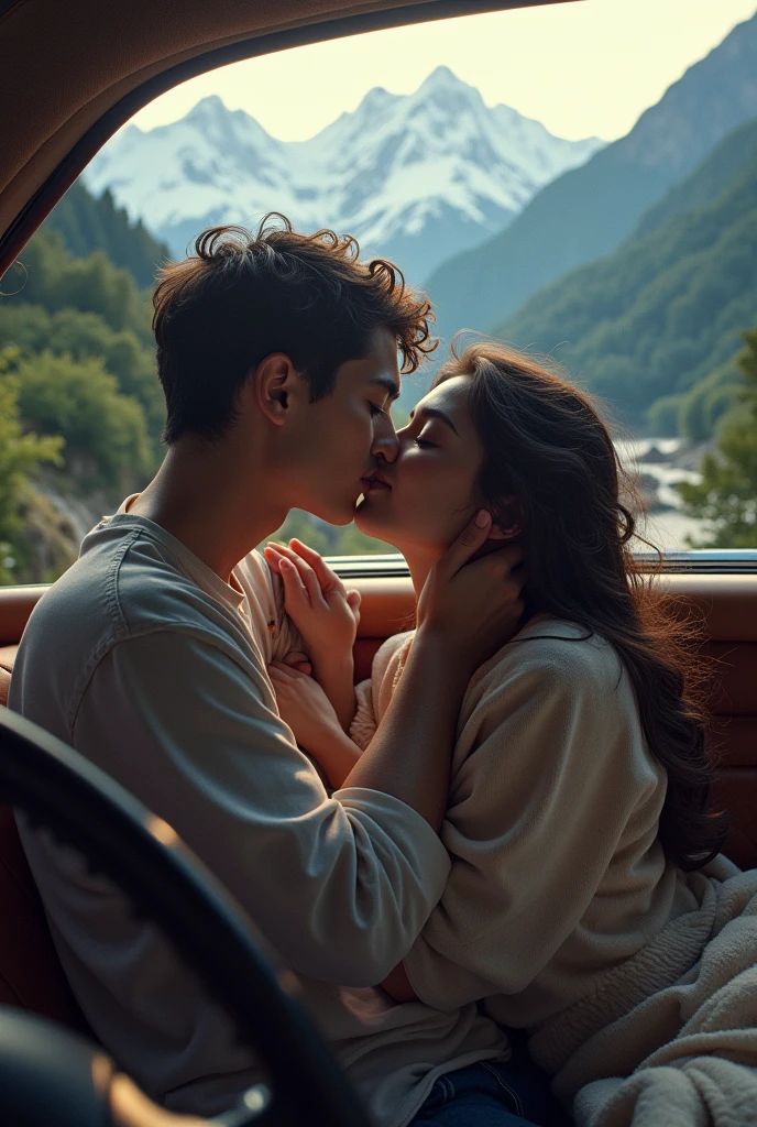Two girl and boy kissing in car in a mountain
