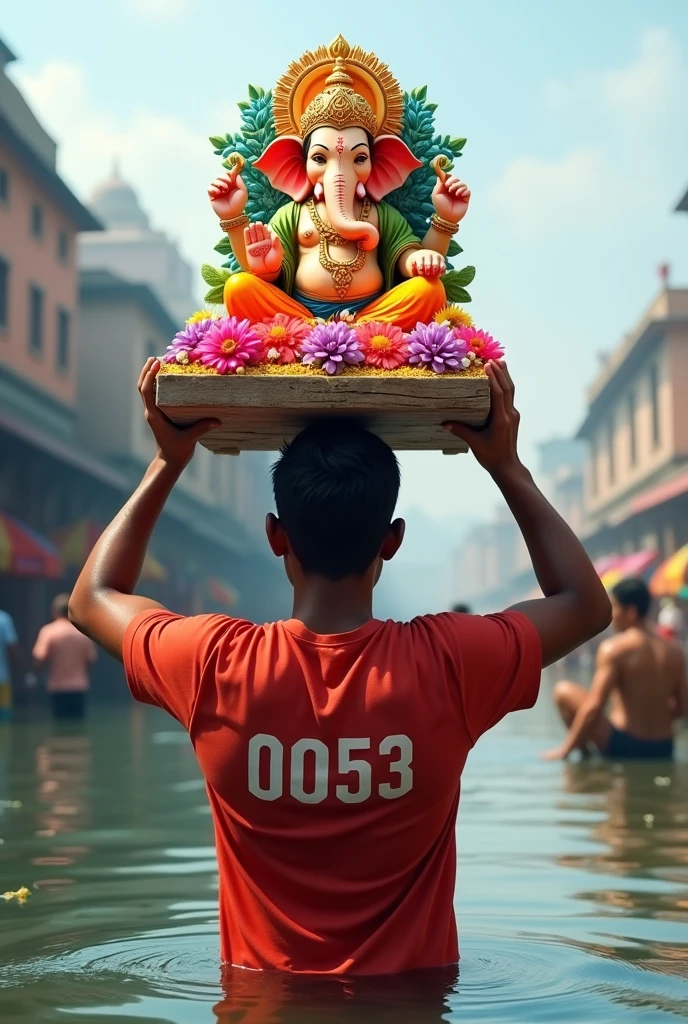 Create a Realistic Guy carrying a statue of Lord Ganesha on his head. The statue is made of colorful flowers and is placed on top of a wooden platform. The Guy is wearing a red tshirt and is standing in a body of water. "0053 " is written in Guy's tshirt. In the background, there are other people and buildings visible.