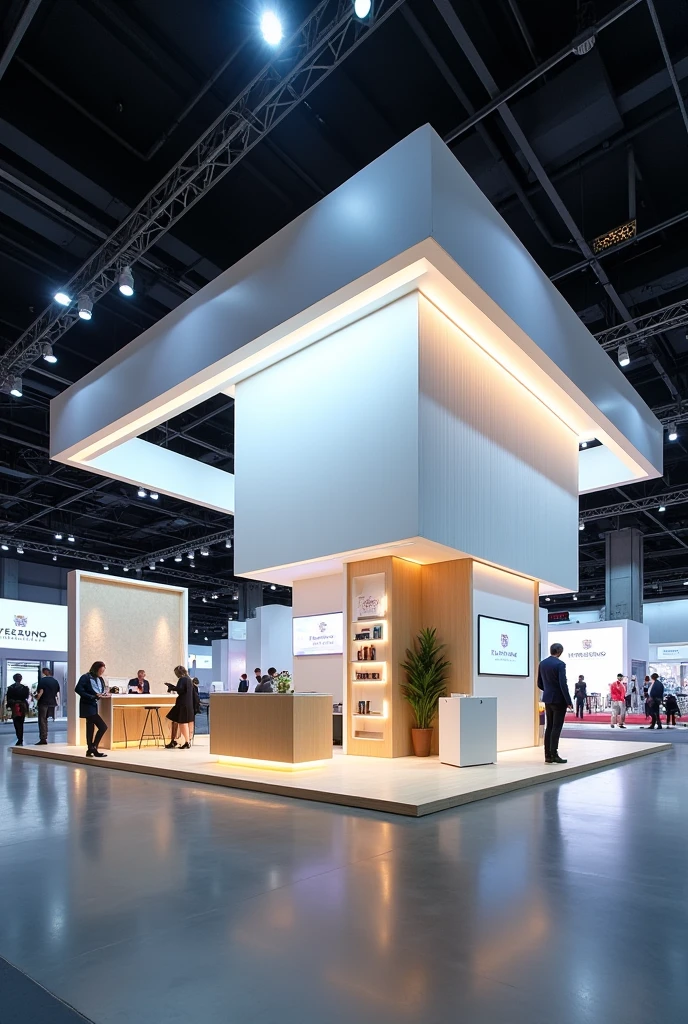 Make an international fair stand, 3.5m alto,3m long and 2m wide, that there are no people and no furniture , I want it to be like a model of what my stand would look like at a fair