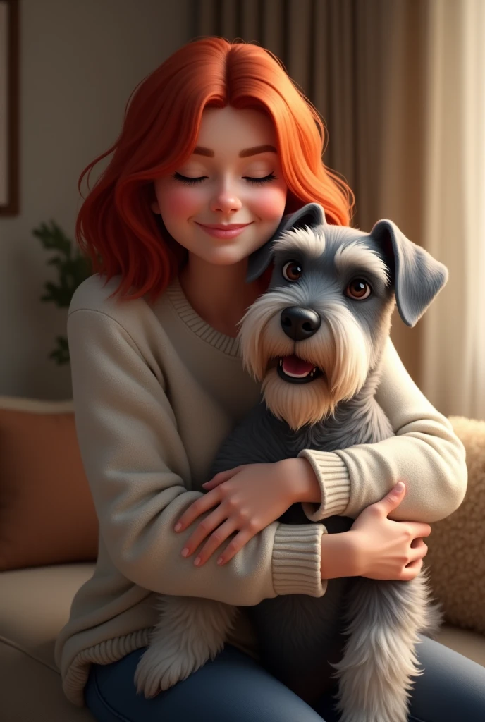 Create a redhead woman hugging a grey schnauzer