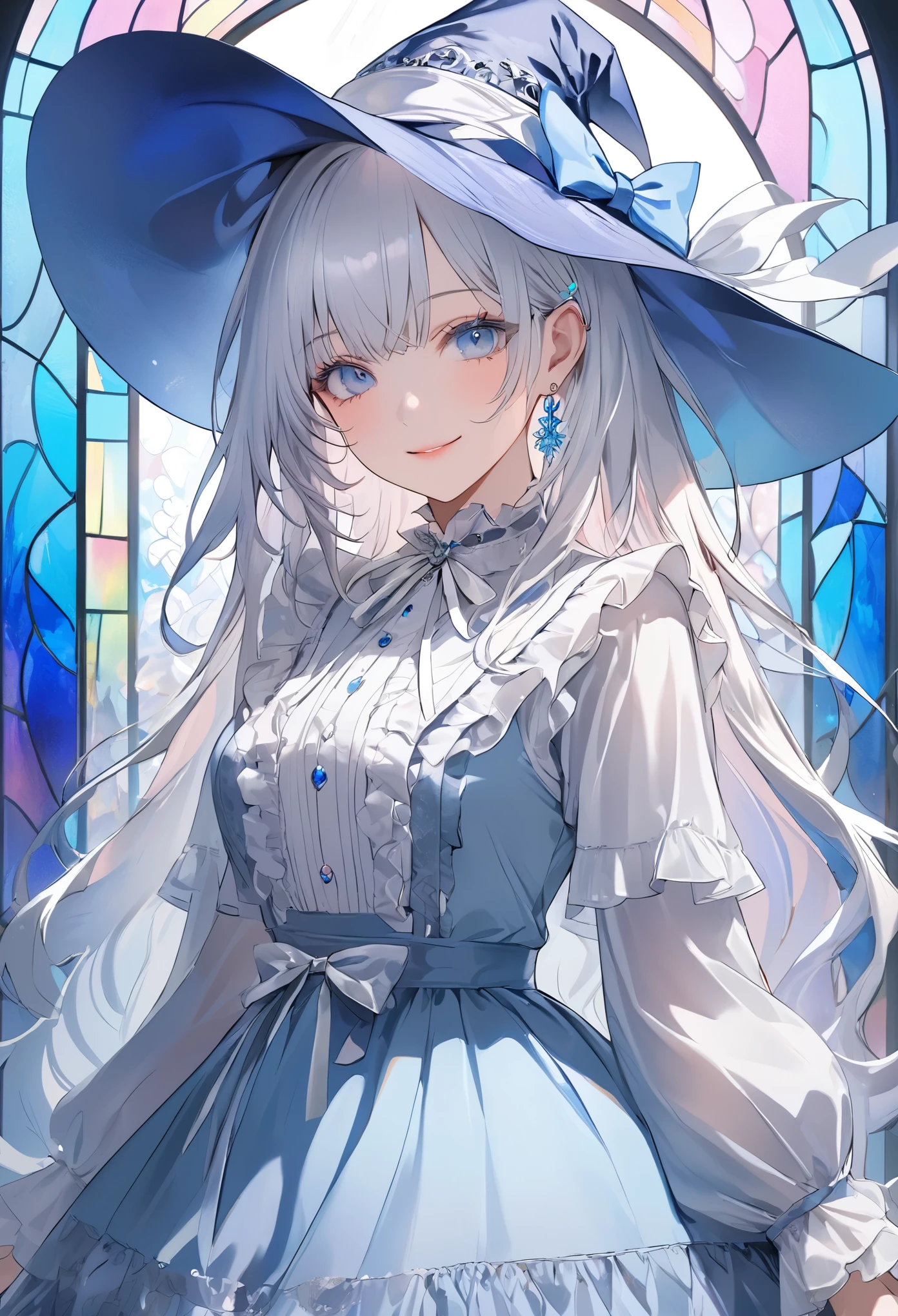 (transparent blue theme art),(top-quality),(masterpiece),(cowboy shot:1.5),((arms behind side)),Silky to the touch,Hyper Detail,(1 girl),(solo),Delicately drawn face,girl with a pretty face,beautiful detailed transparent blue eyes,beautiful detailed blue witch hat with white ribbon ornament,beautiful detailed pastel blue ta witch fashions with ruffles,((pastel skirt with ruffles)),((Long sleeve white and blue costume)),(Beautiful silky white hair:1.3),pale skin,a beautiful transparent illustration,pastel blue theme,beautiful smile,frontal face,soft gradient,((standing in front of pastel glass art wall)),(((stained glass is colorful pastel)))