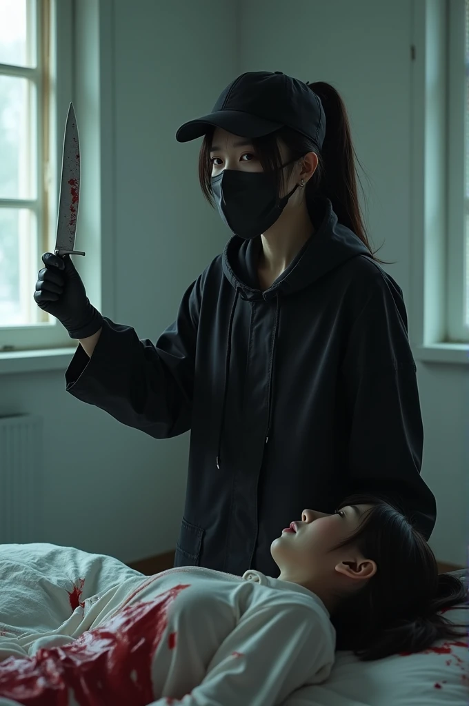 korean girl, (behind stiff, holding knife), stabbing black surgical mask, black gloves, white room, black raincoat, trucker hat, holding knife, black gloves, woman on top, behind cadaver, blood splatter, on the bed, looking at viewer, mass murderer, killer, low ponytail, blood splatter, atmospheric realistic, light from the window,
