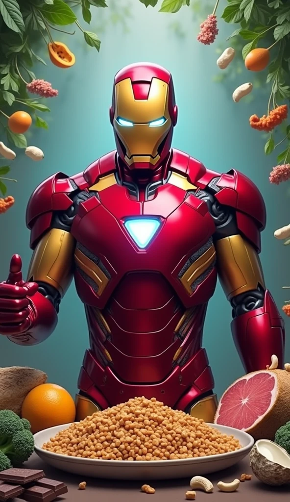 What food to eat when iron deficiency make it as a picture in ratio of (9:16) with the concept of marvel character (iron man with mask) saying.  The foods must have name Minimum 10 foods, it should be more realistic 