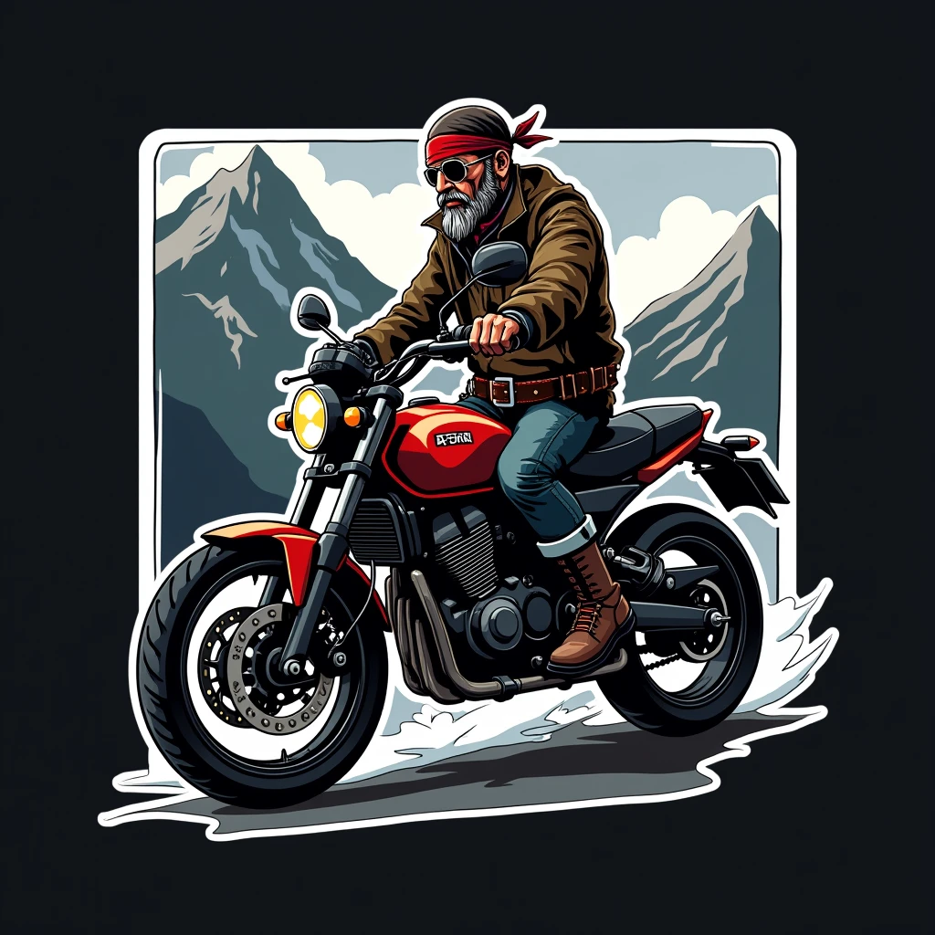 ((logo with white border:1.5)), ((Honda NC750X model year 2024 :1.5)) , ((pirate driving motorcycle)), (((crear un logo with white border de un pirata manejando una honda NC750x))), mountains background
