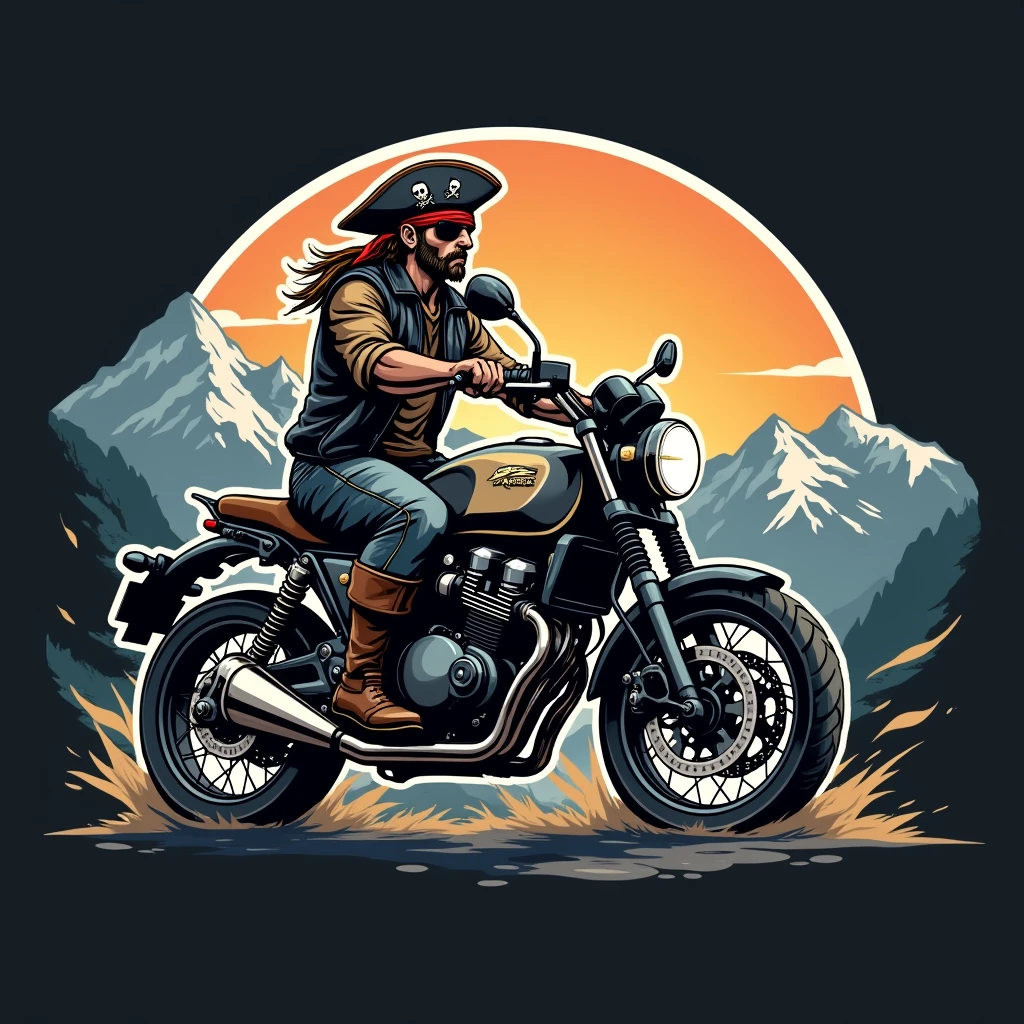 ((logo with white border:1.5)), ((Honda NC750X model year 2024 :1.5)) , ((pirate driving motorcycle)), (((crear un logo with white border de un pirata manejando una honda NC750x))), mountains background