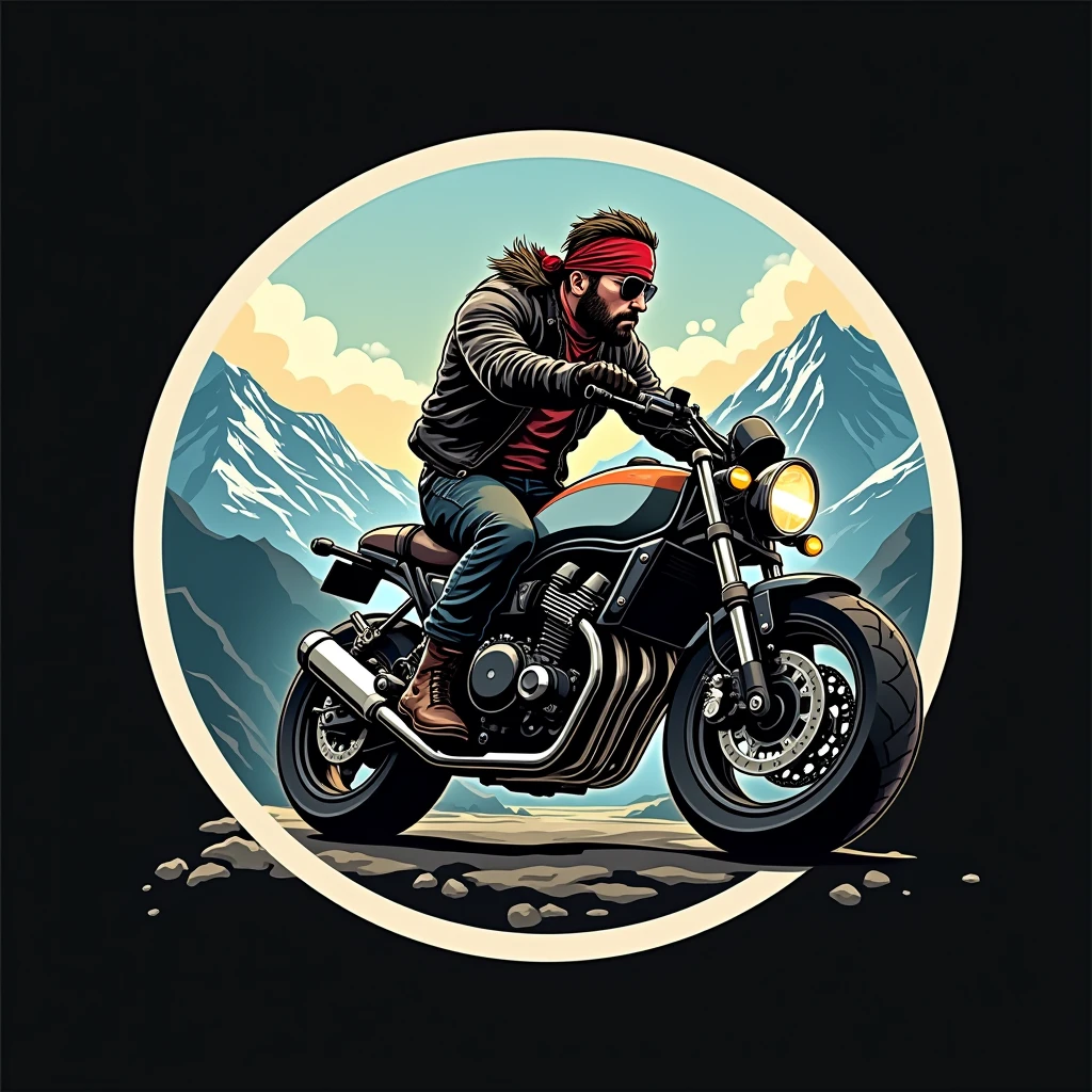 ((logo with white border:1.5)), ((Honda NC750X model year 2024 :1.5)) , ((pirate driving motorcycle)), (((crear un logo with white border de un pirata manejando una honda NC750x))), mountains background