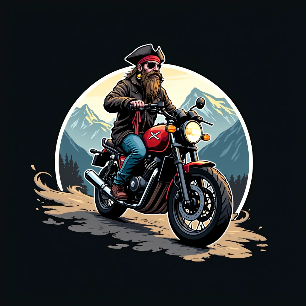 ((logo with white border:1.5)), ((Honda NC750X model year 2024 :1.5)) , ((pirate driving motorcycle)), (((crear un logo with white border de un pirata manejando una honda NC750x))), mountains background
