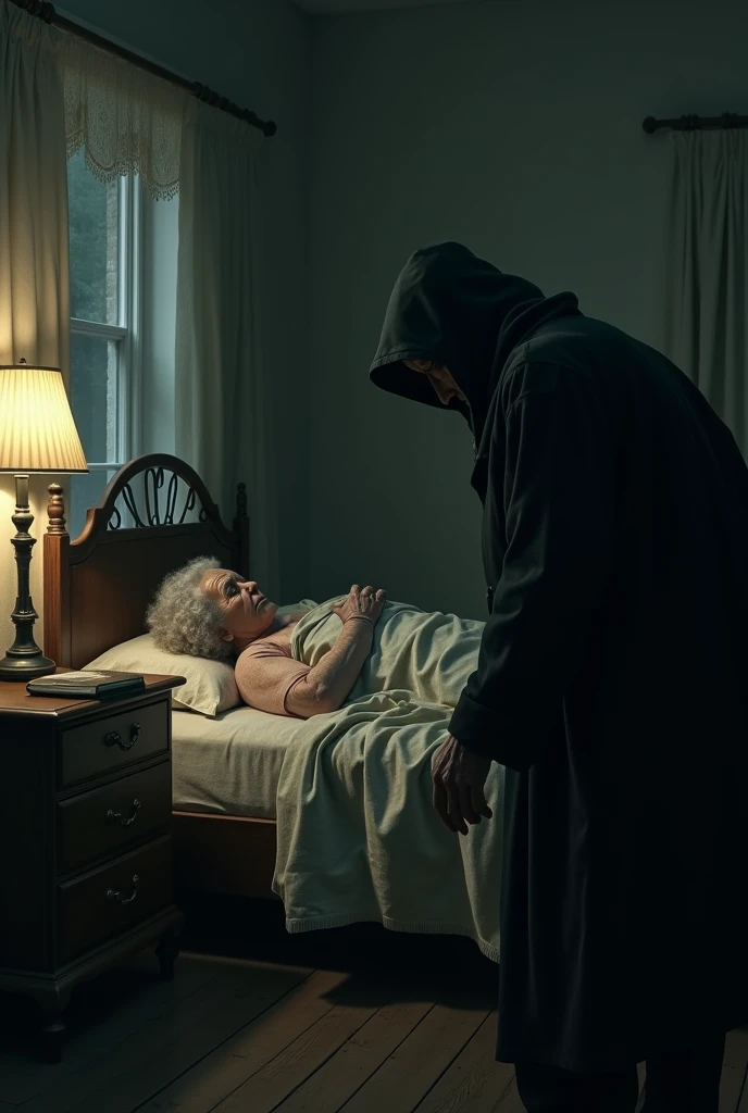 A robber siting near old lady's sleep on bed