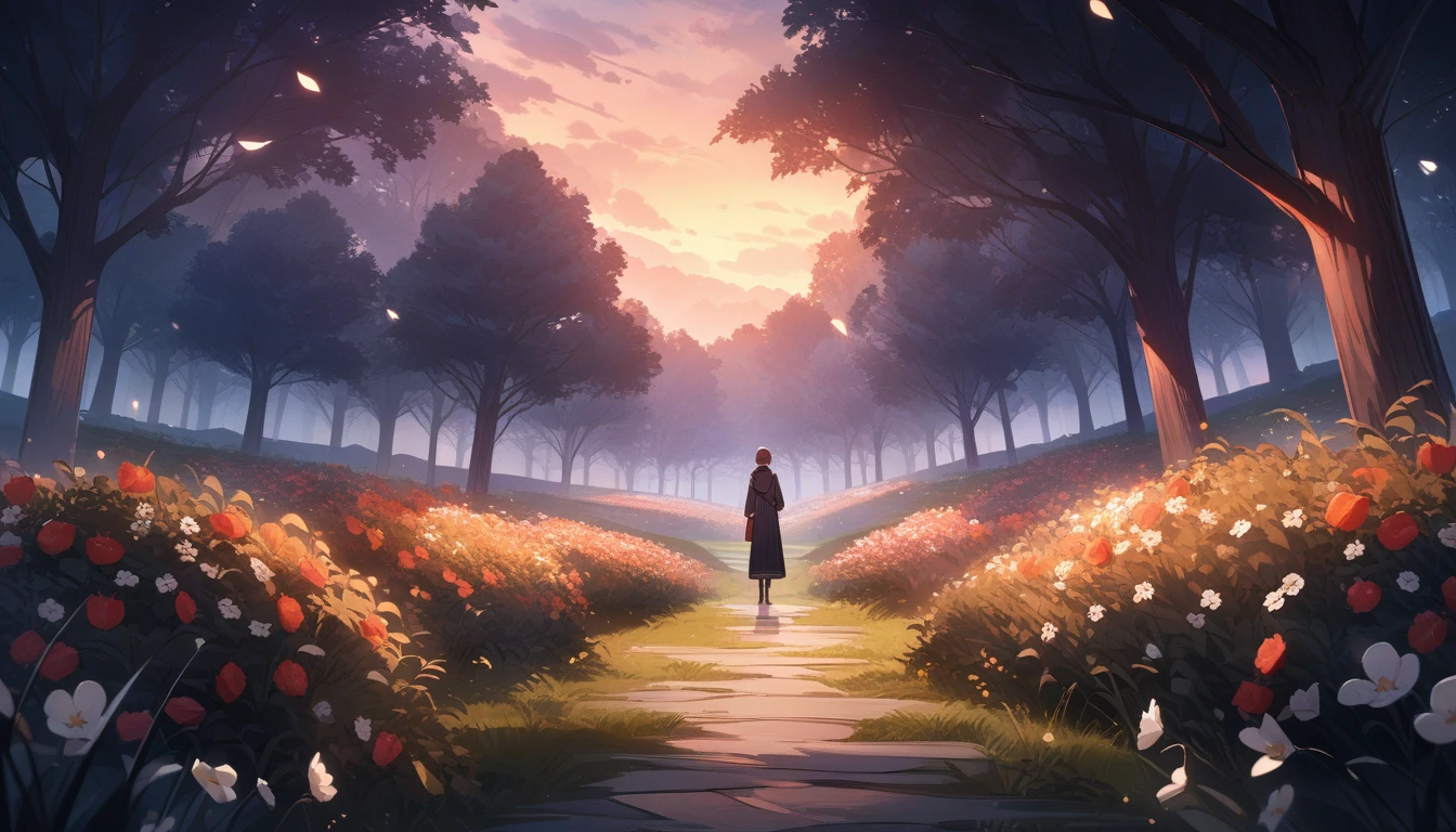 nime aestetics, dusk, tall grass, apple trees garden, a lot of trees, pink, red and yellow flowers on trees, dim light, calm and peaceful atmosphere, beauty of nature, little white flowers in the grass, smoke and light far at the background, few stars at the sky, perspective, atmospheric perspective, wide shot, wide shot, atmospheric perspective, perspective, highres, HD, 8k, award winning, best quality, highres, super detail, masterpiece, UHD, 4K, 8k, best quality, award winning, high details, super detail, masterpiece: 2536X1034[16 : 9]