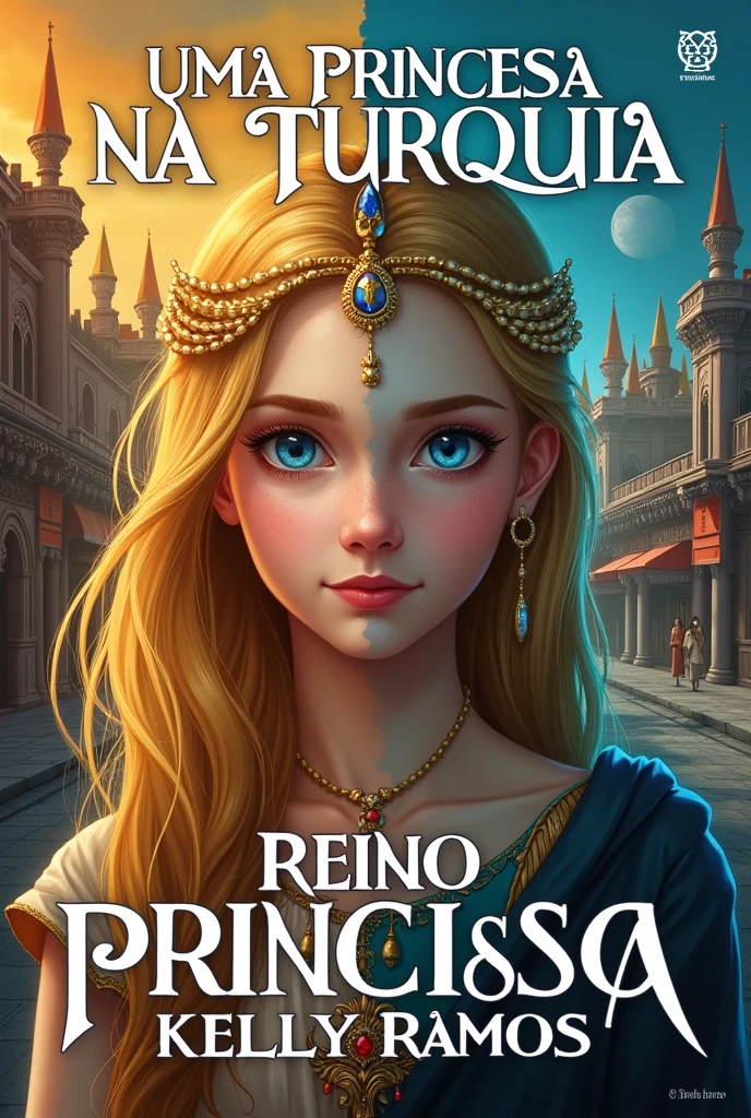 Create for me the cover of my book A Princess in Turkey sardonic kingdom her blond hair and blue eyes. teleported to Turkey in 2024 to the home of a modern, black-haired man. Put the title of the book in Portuguese and my author name Kelly Ramos. Put the title of the book in Portuguese, put details like the two worlds the ancient and the modern.