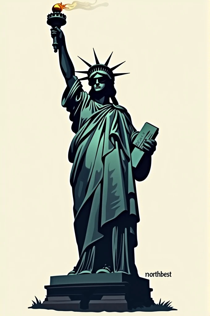 A t-shirt with the Statue of Liberty on the back with black glasses and a cigarette and a phrase that says Northbest in small letters