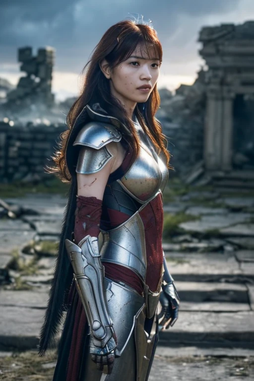 Here’s a revised prompt for creating a realistic image of Elsa Scarlet from *fairy tale*:

### prompt:

**Main Content:** Elsa Scarlet, Painted in a photorealistic style, Her iconic (((Heaven&#39;s Wheel Armor))). Her long, ((Crimson Hair)) Natural, Flowing texture, Contrasting with exquisite detail, Polished silver and blue armor. She holds the dual swords with a strong grip, The muscles are subtly defined, Communicating her strength and readiness for battle. Her expression is intense, With vivid characteristics, Show determination and focus.

**environmental background:** Collapsed stone structures and dark, Stormy Skies. The ground is littered with rubble, The air is full of tension. The lighting is natural, The cloudy sky is moody, Diffuse light throughout the scene, sometimes、Lightning highlights the background.

**Shot Composition:** Elsa is in the center of the frame、A slightly low-angle view、It emphasizes her commanding presence.. Focus on her figure, Shallow depth of field and blurred background, Add depth and realism to your scenes.

**Image settings:** Focus on ultra-high detailed and realistic textures, Includes metallic sheen of armor, 髪のNatural流れ, and the weathered look of the battlefield.. Lighting mimics real-world conditions, Shadows and highlights add depth to her form..

**Reference Styles:** Inspired by realistic fantasy art, Combines the vivid details and realism of anime character designs and armor, Facial Features, and environment.

**Negative prompt:** (Bad move, Anatomically bad, Bad body, Bad face, bad teeth, Bad arm, Bad legs, Malformation: 1.3)

This version emphasizes realism in every aspect., from Erza’s armor and hair texture to the lighting and environmental details, Aiming for vivid depictions of dynamic characters, Realistic battle scenes.