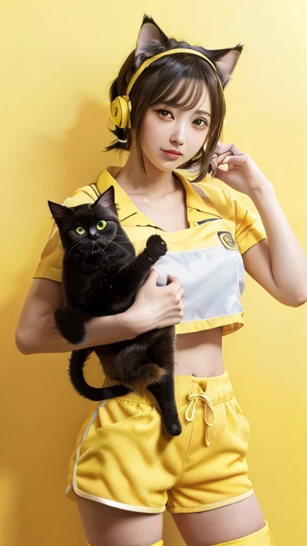 (Emo art:1.6), masterpiece, 4K, Bokeh, high school girl, Beautiful Face, (Cat ear:1.3), (Yellow shorts:1.6) , (Japanese Idols:1.6), Blushed, (Yellow Maid Costume :1.4), Looking at the audience, close,
(Yellow background :1.4), ( A wall of lots of yellow roses:1.6 Yellow