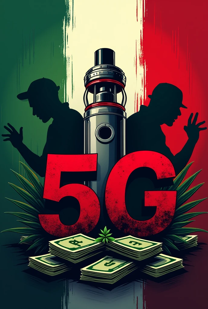 A logo for a page called “VAPE”_5G_MX” containing a vape and bills that say “5G” in large letters, That it has a Mexican flag and representation of drug traffickers