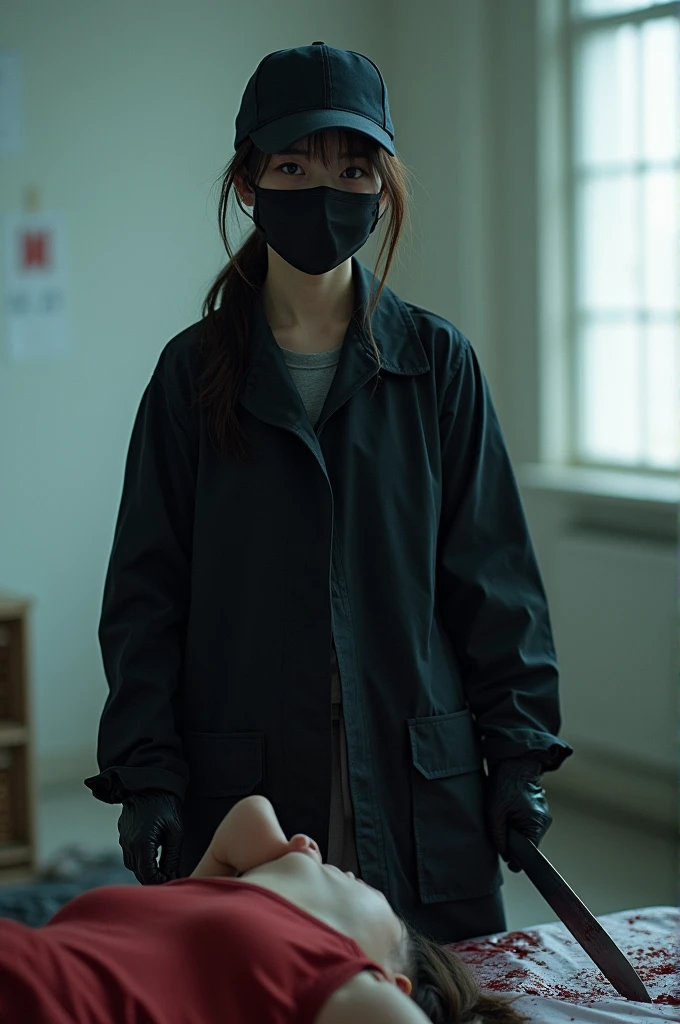 korean girl, (behind stiff, holding knife), stabbing, black surgical mask, black gloves, white room, black raincoat, trucker hat, holding knife, black gloves, woman on top, behind cadaver, blood splatter, on the bed, looking at viewer, mass murderer, killer, low ponytail, blood splatter, atmospheric realistic, light from the window,
