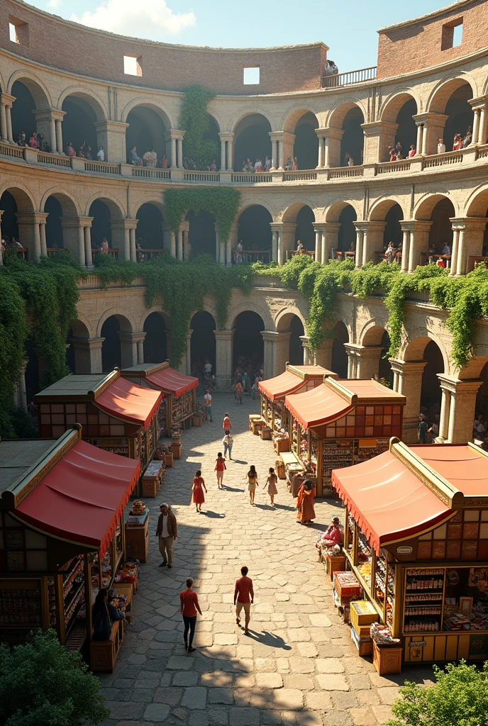 A supermarket or tourist places from a coliseum I want to see how it would look from a plan view ,more plant s,add another classical architecture construction,of planteeeeeee

