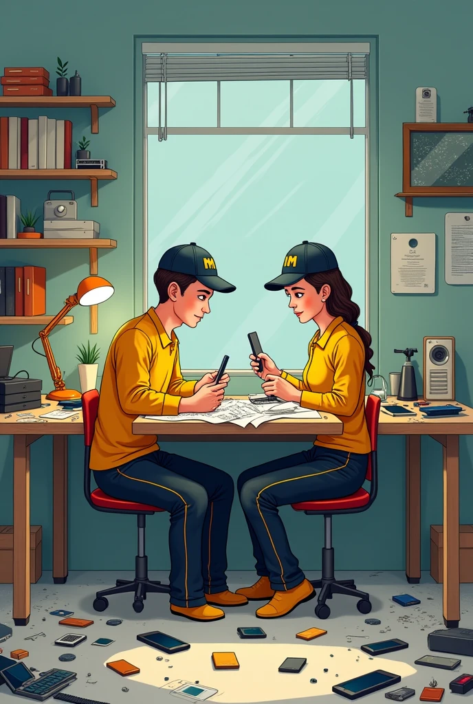 One man and woman 3d doodle are technicians in workshop they are repairing mobile phones sitting on table so many cel phones around them and one lamp is also on on table they wear black pajama yellow top and cap on cap written mm