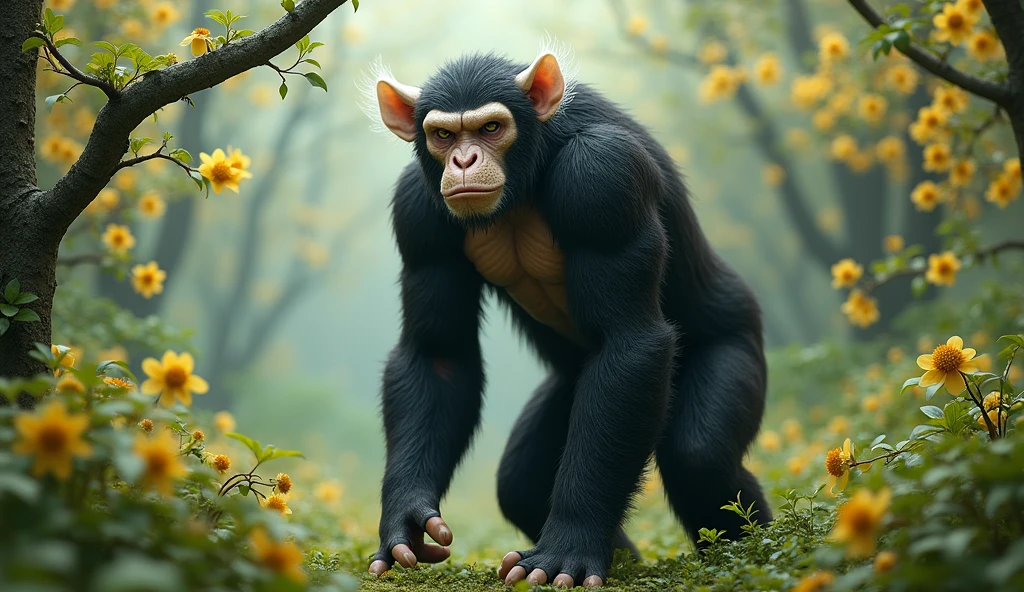 Front view,There is a wild beast in the osmanthus forest,Looks like an ape with white ears,Walking upright(best quality,4K,8k,High level,masterpiece:1.2),Ultra Detailed,(lifelike,Photo real,Photo real:1.37)
