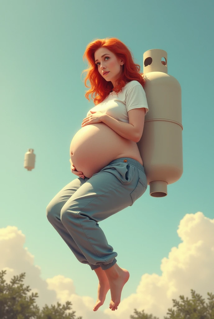 realistic digital art style, woman with large round belly, floating above the ground, red hair, sweatpants and tshirt, holding belly, helium tank nearby