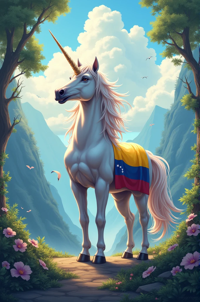 Unicorn in an anime fantasy world with the flag of Venezuela 