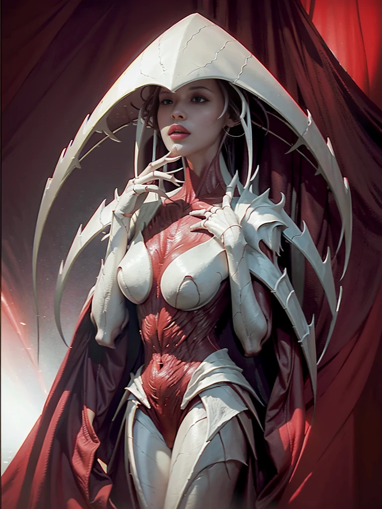 Elesh Norn, phyrexian, woman, female, standing, golden luminous ring, hand, sexy, large cleavage, red and white background, phyrexian symbol, gothic, dark fantasy, cinematic lighting, detailed face, intricate details, hyperrealistic, octane render, 8k, photorealistic