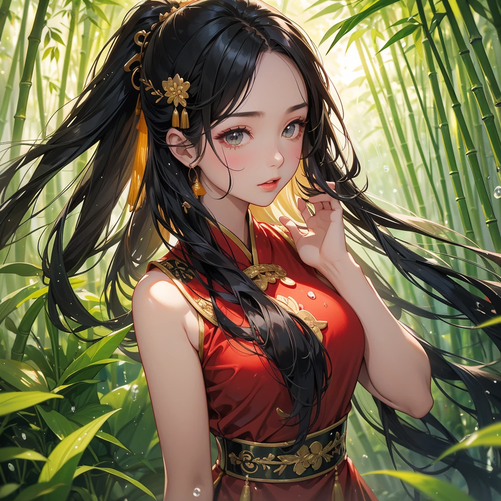 A beautiful girl with black long hair, wear red ancient chinese clothes, with the sun shining on her face, close up.

The back is a lush green bamboo forest. The air after rain has water droplets splashing around.