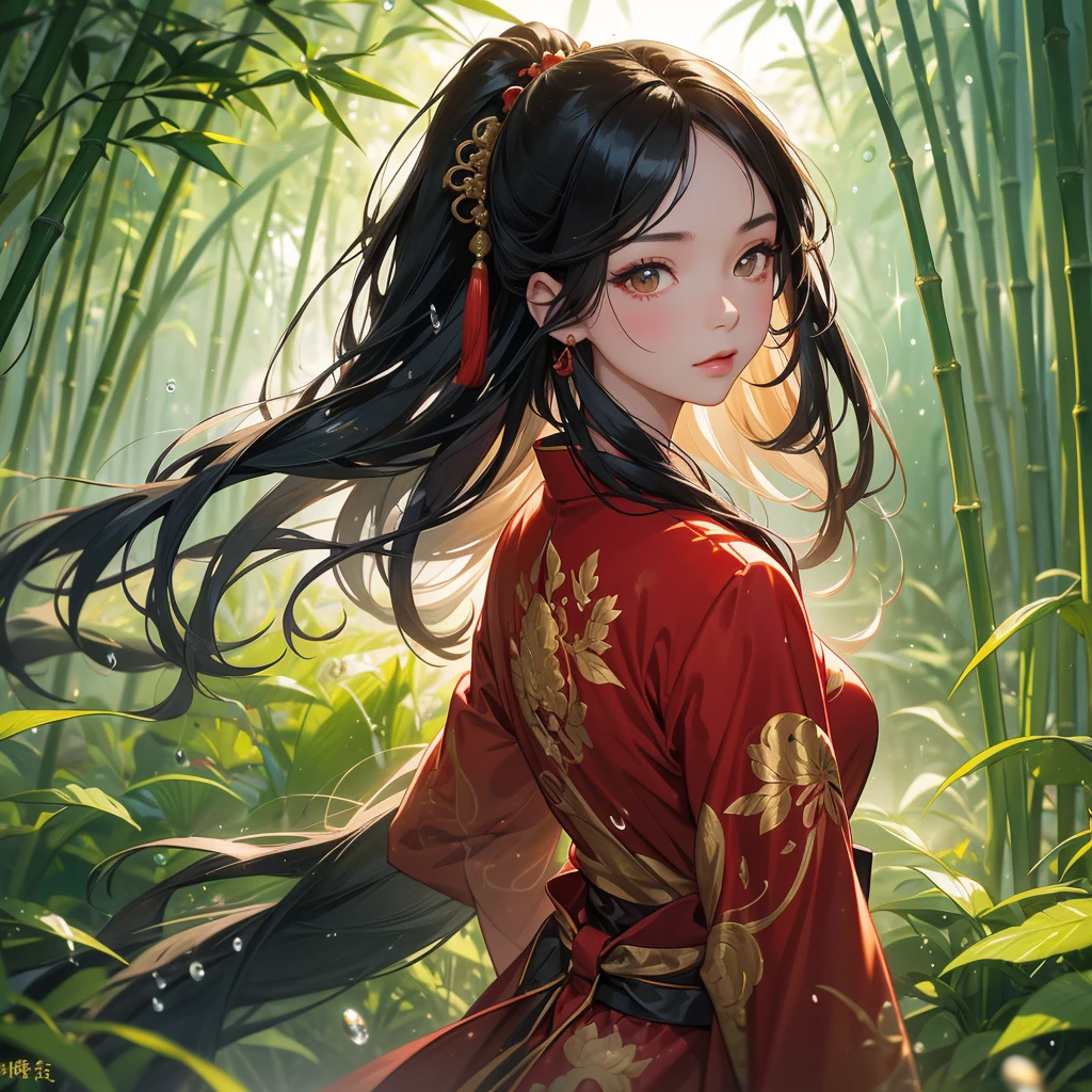 A beautiful girl with black long hair, wear red ancient chinese clothes, with the sun shining on her face, close up.
The back is a lush green bamboo forest. The air after rain has water droplets splashing around.