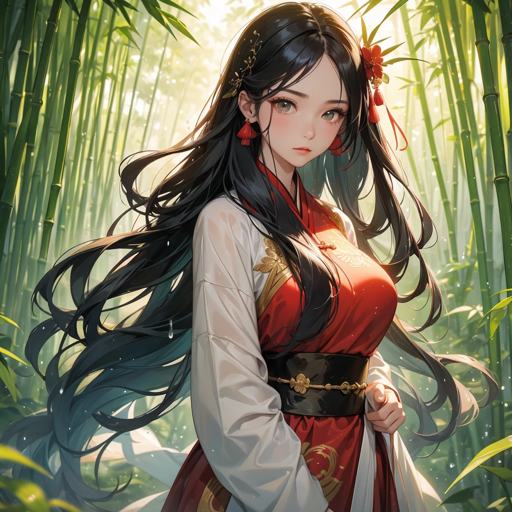 A beautiful girl with black long hair, wear red ancient chinese clothes, with the sun shining on her face, close up.
The back is a lush green bamboo forest. The air after rain has water droplets splashing around.