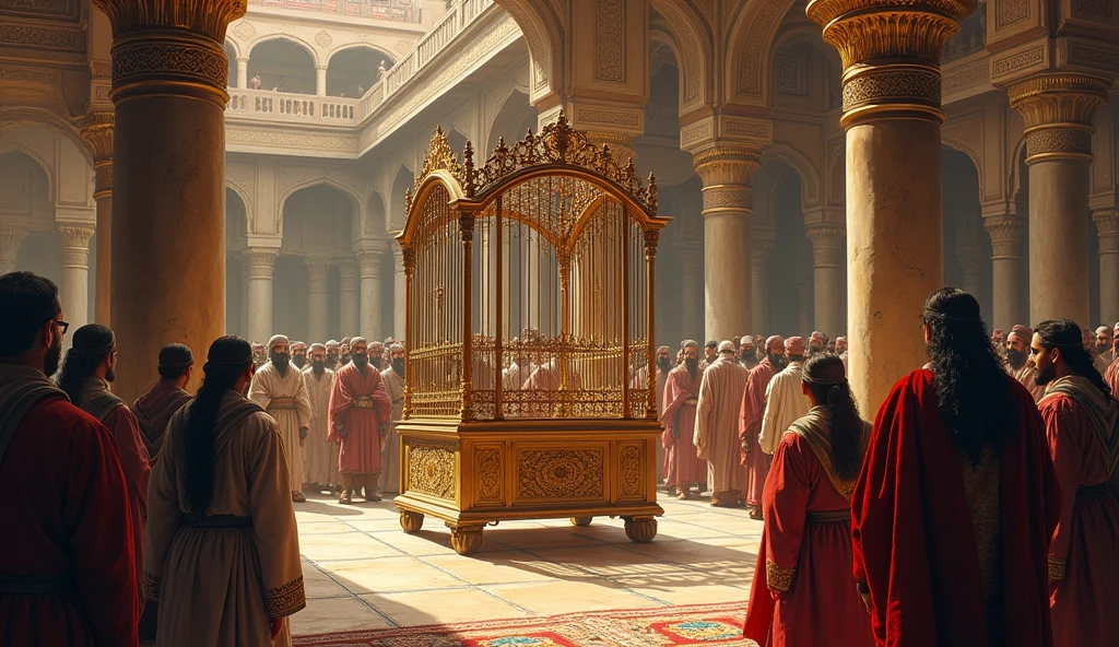 Arrival of the Lion Cage at Akbar’s Court
Illustrate the lion cage being delivered to Akbar’s court with courtiers looking anxious and some hiding behind pillars.