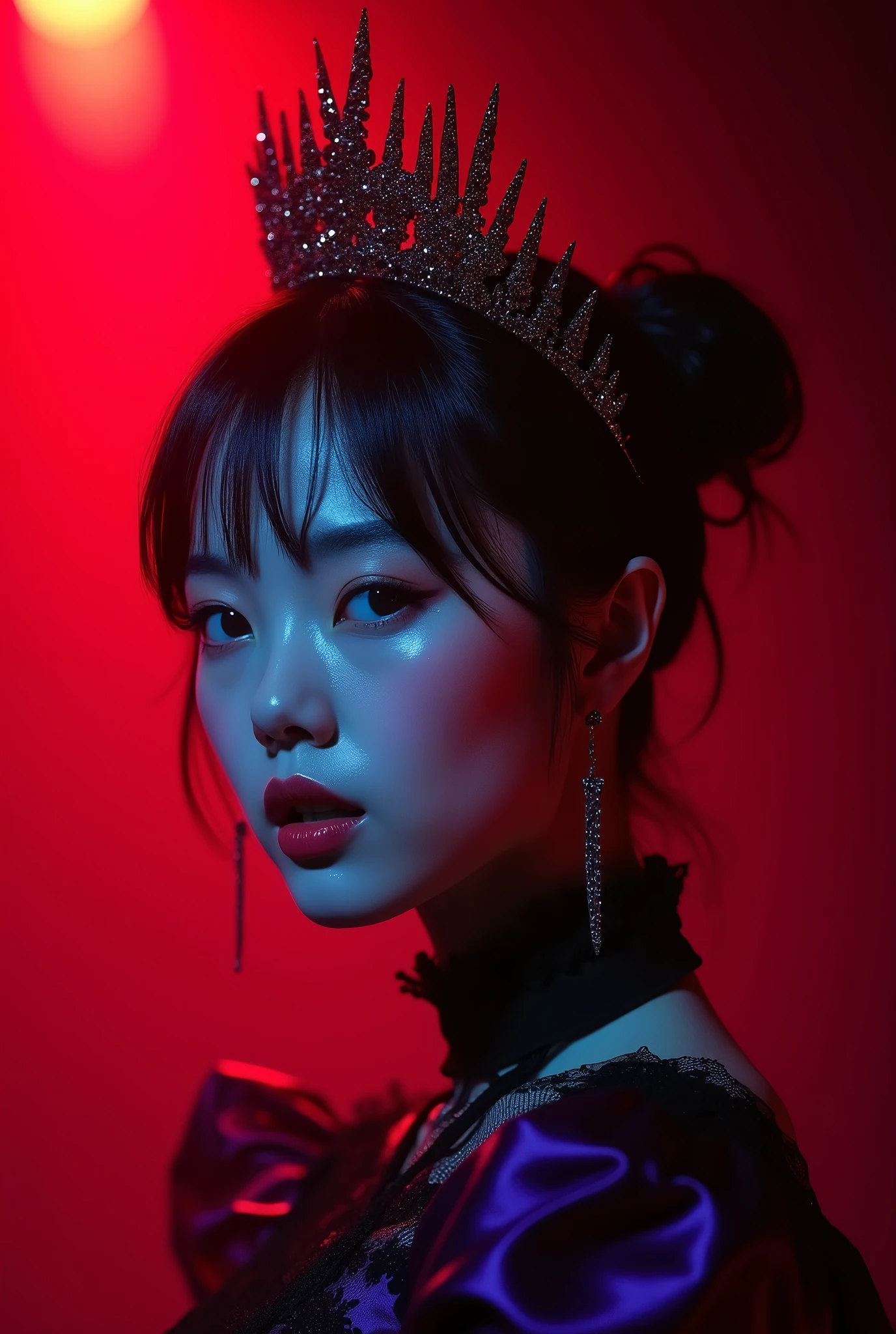 ((very sharp photo result & detailed face)) (((textile shading))), (((Best Quality))), (((masterpiece))) (((hyper realistic photo)) red light mood, shade backlight keylight shoot, macro shoot tight close up face of a japanese vocalist girl with spike crown, she possesed expressively, white eyes,purple gown black lace, detail face facial pore skin, dark stage red smoke on a night concert as background, dark dramatic spotlight lamp on her, taken with hasselblad camera. HDR10 8K