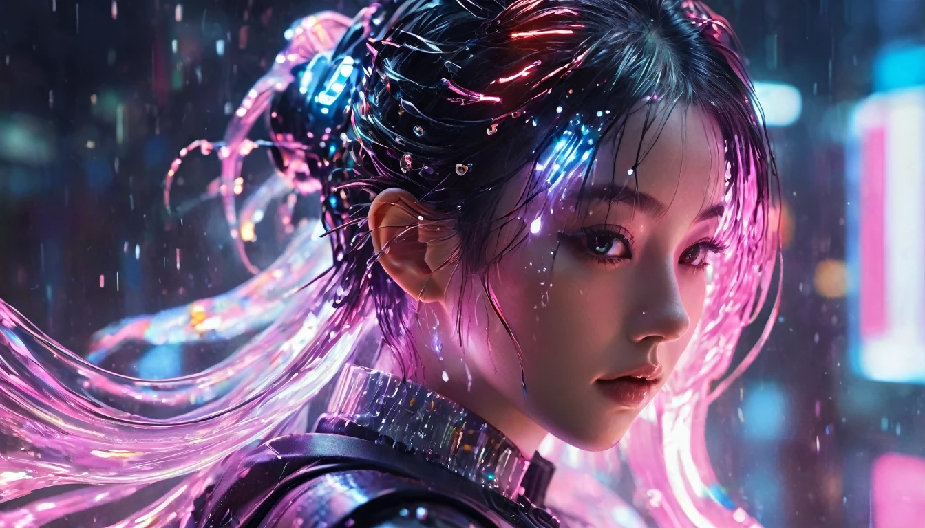 1 girl,beautiful,cyberpunk style,Bling Bling Bling Bling,motion blur,water drop,Cinematic lighting effects